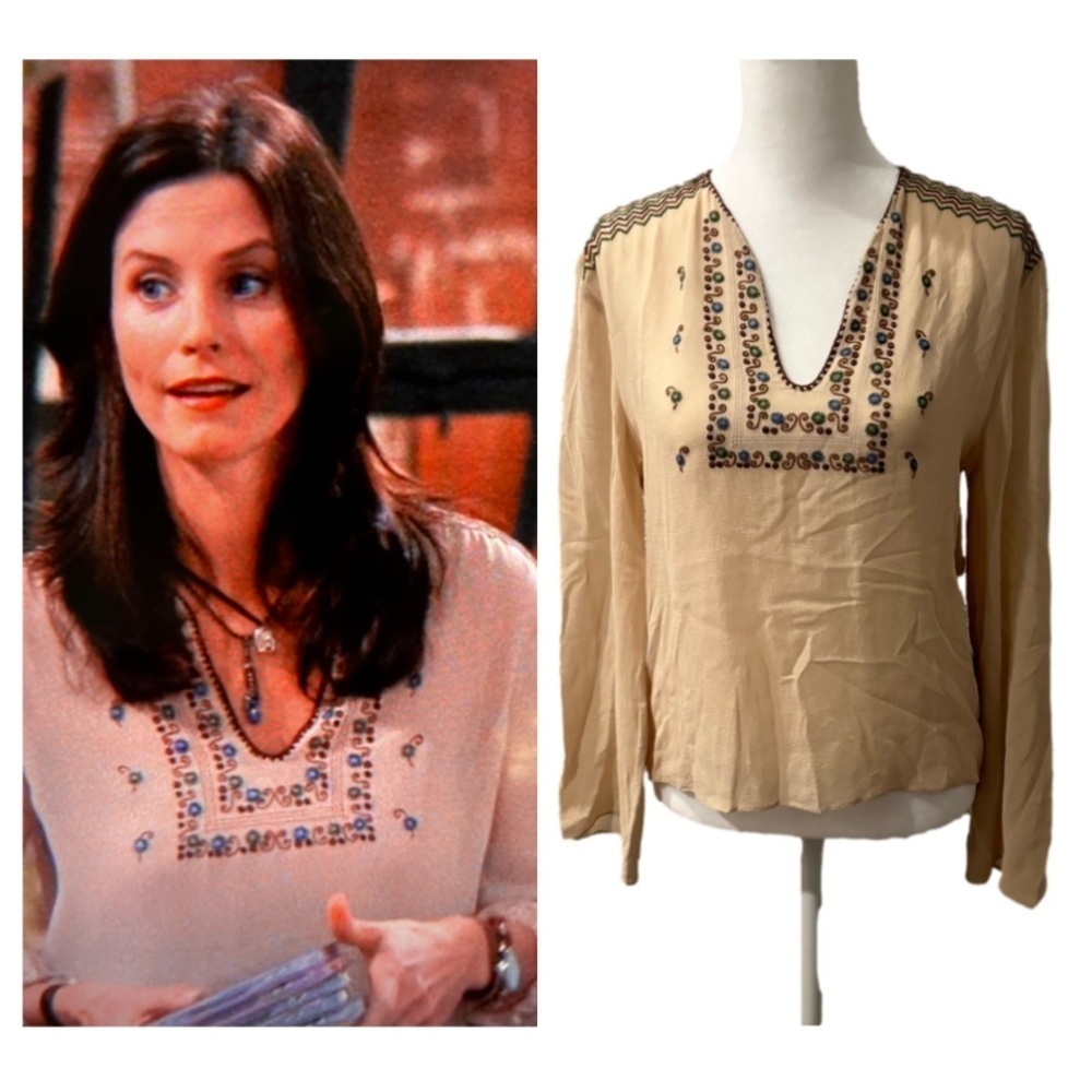 BCBG Beige Embellished V-Neck Long Sleeve Blouse